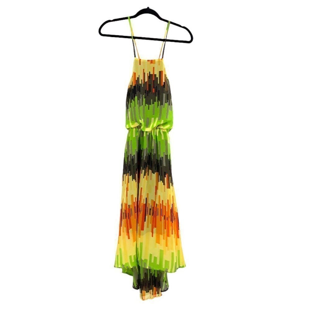 Sugarlips Dress High‎ Low Midi Strappy Colorful Rainbow Jagged Striped Sz S